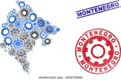 Service vector Montenegro map composition and seals. Abstract Montenegro map is constructed with gradiented randomized gears. Engineering territorial scheme in gray and blue colors,