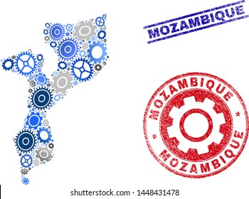 Service vector Mozambique map mosaic and seals. Abstract Mozambique map is composed with gradiented scattered gearwheels. Engineering territory scheme in gray and blue colors,