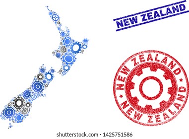 Service vector New Zealand map mosaic and seals. Abstract New Zealand map is constructed of gradiented randomized gearwheels. Engineering territory scheme in gray and blue colors,