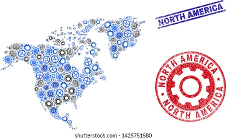 Service vector North America map mosaic and stamps. Abstract North America map is done with gradiented randomized gearwheels. Engineering territorial plan in gray and blue colors,