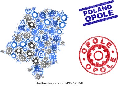 Service vector Opole Voivodeship map composition and seals. Abstract Opole Voivodeship map is composed from gradiented scattered cogs. Engineering territory plan in gray and blue colors,