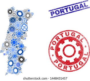 Service vector Portugal map collage and seals. Abstract Portugal map is designed with gradiented random gears. Engineering territorial plan in gray and blue colors,