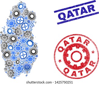 Service vector Qatar map mosaic and stamps. Abstract Qatar map is constructed from gradient scattered cogwheels. Engineering geographic scheme in gray and blue colors,