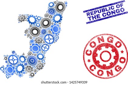 Service vector Republic of the Congo map collage and seals. Abstract Republic of the Congo map is done from gradiented random gears. Engineering territorial scheme in gray and blue colors,