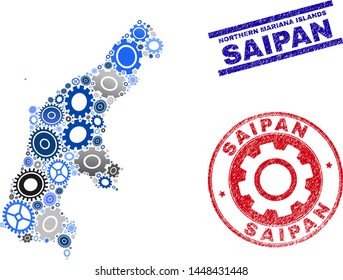 Service vector Saipan Island map composition and seals. Abstract Saipan Island map is formed of gradiented scattered gearwheels. Engineering geographic plan in gray and blue colors,