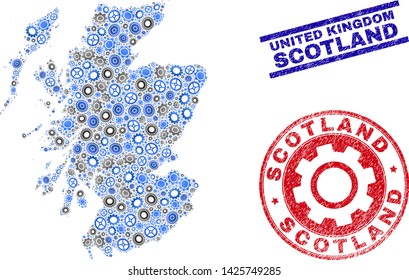 Service vector Scotland map mosaic and seals. Abstract Scotland map is formed with gradiented randomized cogs. Engineering territorial scheme in gray and blue colors,
