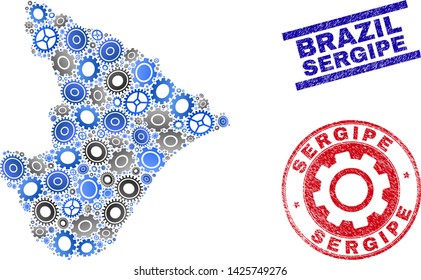 Service vector Sergipe State map collage and seals. Abstract Sergipe State map is done from gradiented randomized cogs. Engineering territorial plan in gray and blue colors,