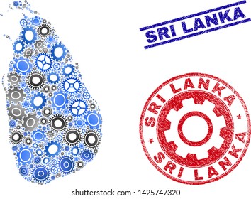 Service vector Sri Lanka map composition and seals. Abstract Sri Lanka map is created from gradient scattered cogwheels. Engineering territorial scheme in gray and blue colors,