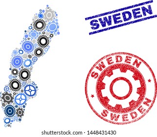 Service vector Sweden map collage and stamps. Abstract Sweden map is composed with gradiented randomized cogs. Engineering geographic scheme in gray and blue colors,