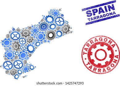 Service vector Tarragona Province map collage and seals. Abstract Tarragona Province map is designed of gradiented randomized gear wheels. Engineering territory plan in gray and blue colors,
