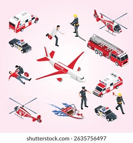 Service Vehicles Isometric Set graphic collection rescue ambulance emergency fleet freight help urban road medical traffic person 3d arm equipment