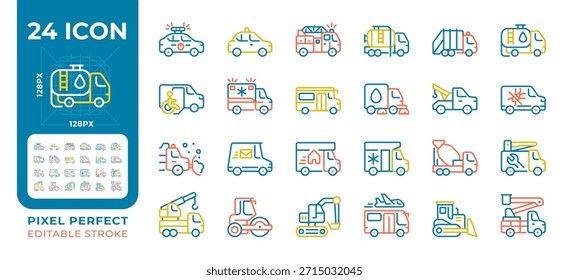 Vehículos de servicio pixel perfecto conjunto de iconos de dos líneas de color. Transporte de emergencia, transporte público. Utilidad transporta iconos de contorno bicolor aislados. Pictogramas duotónicos lineales delgados. Trazo editable