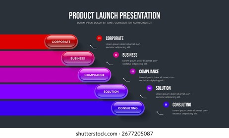Service Visualization Slide Design Vector Illustration. Financial Development Five Option Diagram Presentation Template. Corporate Portfolio 5 Element Infographic Slideshow Layout.