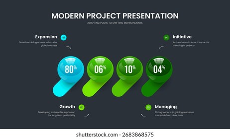 Service Visualization Slide Template Vector Illustration. Colorful Review 4 Option Graph Frame Layout. Consulting Forecast Four Element Chart Slideshow Design.