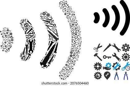 Service wireless collage of service tools. Vector wireless is formed of cogwheels, spanners, and other tools, and based on wireless icon. Abstraction of technical job.
