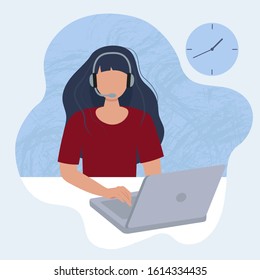 Сustomer service. Woman with headphones and microphone with laptop. Concept illustration for support, assistance, call center. Vector illustration in flat style