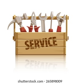 Service wooden box with construction tools. Eps10 vector illustration. Isolated on white background