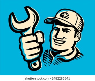 Service work, repairs emblem. Male mechanic character holding a wrench tool. Retro vector illustration