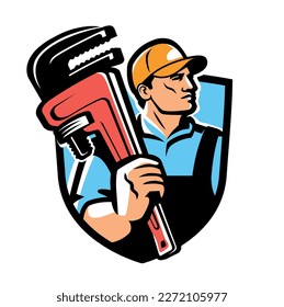 Service worker, builder with adjustable wrench. Workshop, building emblem, logo. Repair work vector illustration