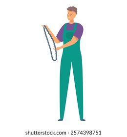 Service worker is carefully holding a chainsaw chain, preparing for maintenance or replacement