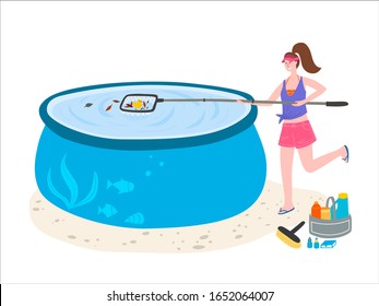 Service worker Cleaning Inflatable Summer outdoor Pool with net. Swimming pool maintenance and service tools. Hand drawn vector concept. Website Landing for cleaning company banner template