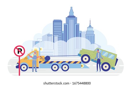 Service Worker Loading Vehicle onto Tow Truck for Wrong Parking Flat Cartoon Vector Illustration. Angry Driver Swearing. Man in Uniform Shrugging with Shoulders. Road Sign Prohibiting to Park.