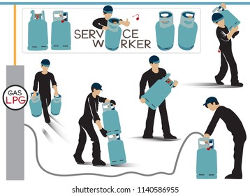 Service worker of LPG Gas for food, Info graphic vector cartoon acting character design, Tanks has turquoise, blue, orange, red 4 color and letter of word is my design.