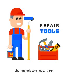 service worker macter man character flat style isolated on white background and home repair tools icons working construction equipment box vector illustration.