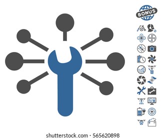 Service Wrench Relations icon with bonus copter tools graphic icons. Vector illustration style is flat iconic cobalt and gray symbols on white background.