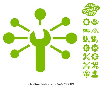 Service Wrench Relations icon with bonus configuration pictograph collection. Vector illustration style is flat iconic eco green symbols on white background.