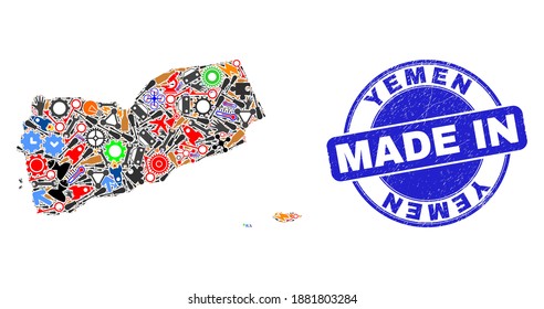 Service Yemen map mosaic and MADE IN textured rubber stamp. Yemen map abstraction designed from spanners, gearwheels, tools,,keys,vehicles,electricity bolts,rockets.