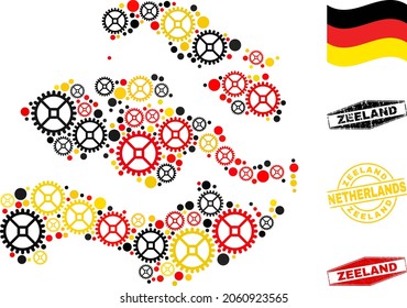 Composición del mapa y sellos de la provincia de Zeeland de servicio. El collage vectorial se forma a partir de los iconos de las ruedas en diferentes tamaños, y los colores oficiales de la bandera alemana - rojo, amarillo, negro.