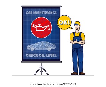Serviceman with check motor oil level chart board vector illustration. Mechanic and engine oil level sign blue print graphic design. Oil pressure control symbol creative concept.