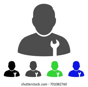 Serviceman flat vector illustration. Colored serviceman, gray, black, blue, green icon variants. Flat icon style for application design.