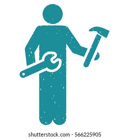 Serviceman grainy textured soft blue icon for overlay watermark stamps. Flat symbol with unclean texture. Dotted vector ink rubber seal stamp with grunge design on a white background.
