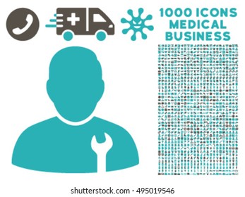 Serviceman icon with 1000 medical business grey and cyan vector pictograms. Set style is flat bicolor symbols, white background.