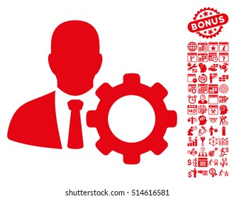 Serviceman icon with bonus calendar and time management images. Vector illustration style is flat iconic symbols, red color, white background.