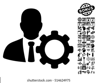 Serviceman icon with bonus calendar and time management pictures. Vector illustration style is flat iconic symbols, black color, white background.