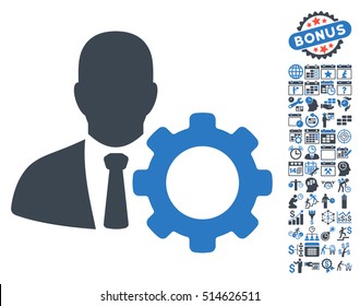 Serviceman icon with bonus calendar and time management clip art. Vector illustration style is flat iconic bicolor symbols, smooth blue colors, white background.