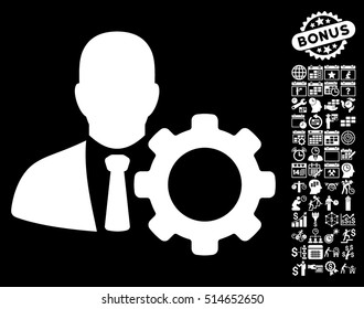 Serviceman icon with bonus calendar and time management clip art. Vector illustration style is flat iconic symbols, white color, black background.