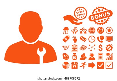Serviceman icon with bonus design elements. Vector illustration style is flat iconic symbols, orange color, white background.