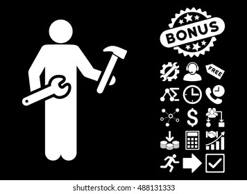 Serviceman icon with bonus images. Vector illustration style is flat iconic symbols, white color, black background.