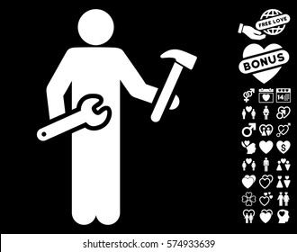 Serviceman icon with bonus lovely design elements. Vector illustration style is flat iconic white symbols on black background.