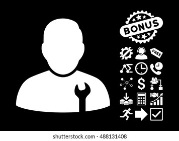 Serviceman icon with bonus pictogram. Vector illustration style is flat iconic symbols, white color, black background.