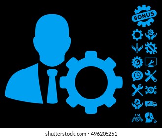 Serviceman icon with bonus tools design elements. Vector illustration style is flat iconic symbols, blue color, black background.