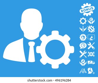 Serviceman icon with bonus tools graphic icons. Vector illustration style is flat iconic symbols, white color, blue background.