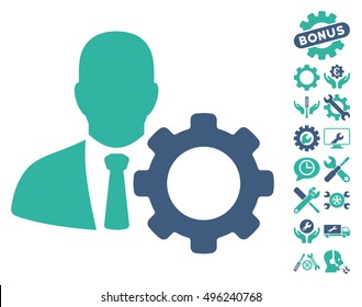 Serviceman icon with bonus tools images. Vector illustration style is flat iconic bicolor symbols, cobalt and cyan colors, white background.