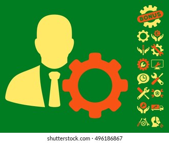 Serviceman icon with bonus tools pictogram. Vector illustration style is flat iconic bicolor symbols, orange and yellow colors, green background.