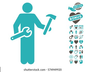 Serviceman icon with bonus valentine pictures. Vector illustration style is flat iconic grey and cyan symbols on white background.