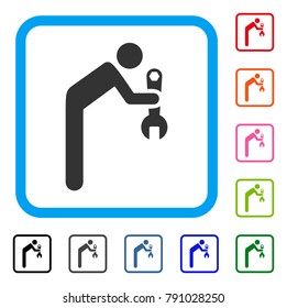 Serviceman icon. Flat grey pictogram symbol inside a light blue rounded rectangular frame. Black, gray, green, blue, red, orange color versions of Serviceman vector.
